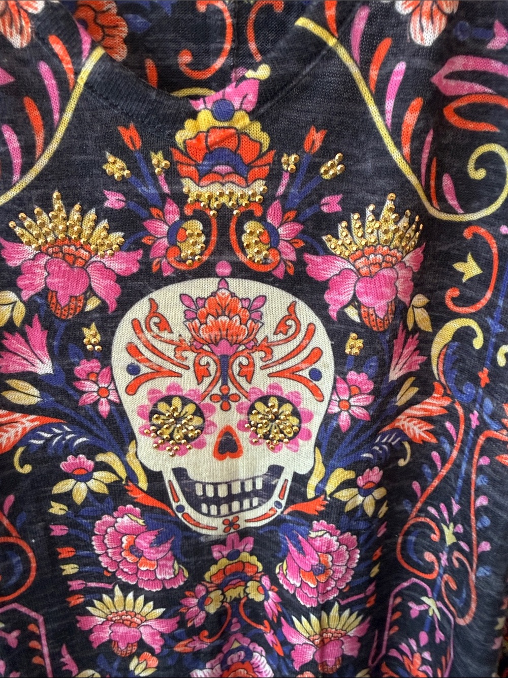 ONE WORLD Black Tunic Top with Pink, Purple & Orange Floral Sugar Skull Design - Picture 4 of 7